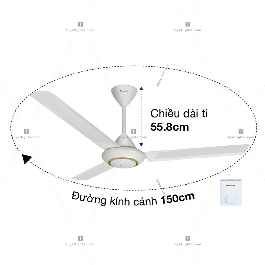 Quạt Trần Panasonic 3 Cánh F-60MZ2/L - Màu Trắng, Ti Quạt 55.8cm