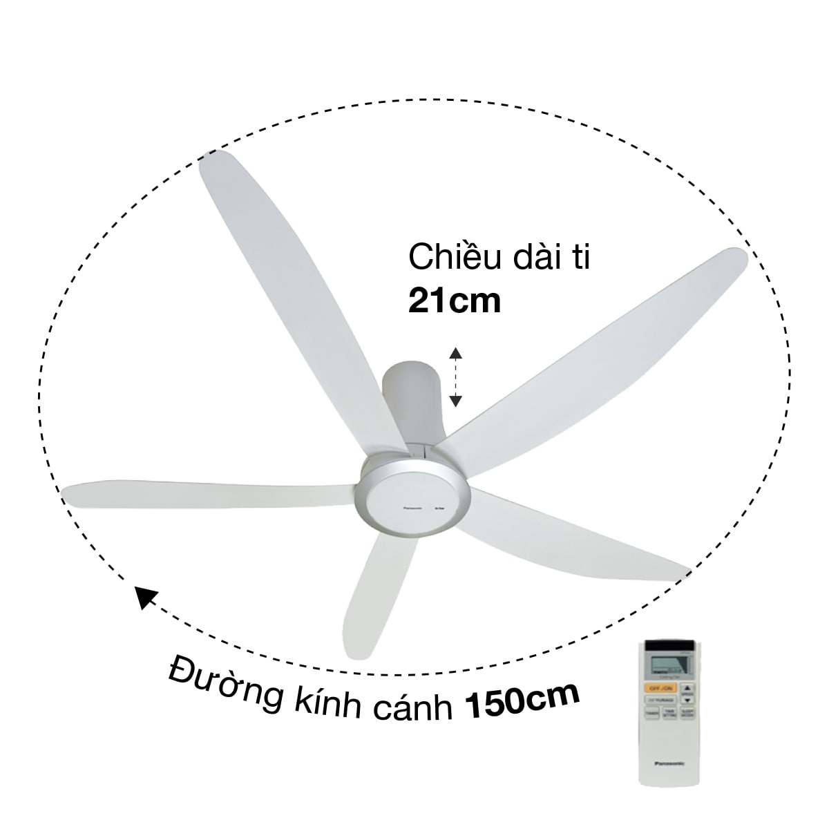 Quạt Trần Panasonic 5 Cánh F-60TDN/S - Màu Trắng, Ti Quạt 21cm