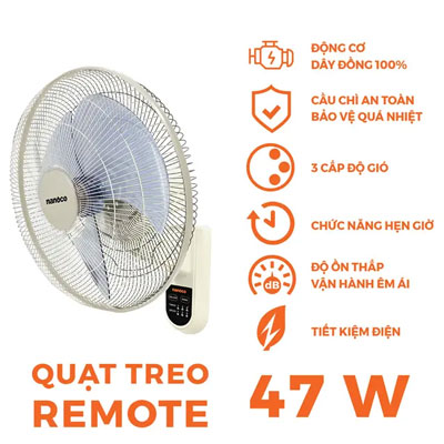 Nanoco - Quạt Treo Tường - Màu Beige - Có Remote | NWF1612RC-BE