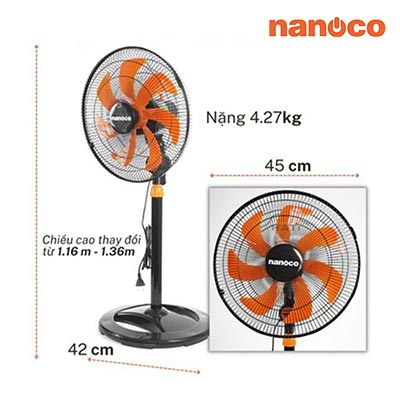 Nanoco - Quạt Đứng Màu Đen Cam - 7 Cánh Quạt Siêu Mát | NSF1607