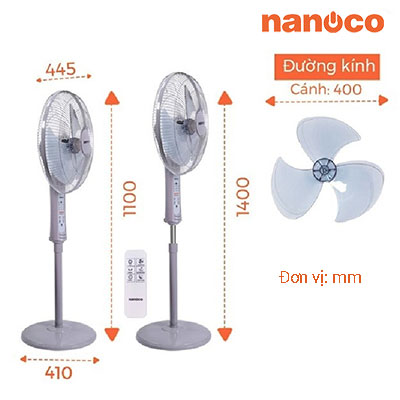 Nanoco - Quạt Đứng Màu Xám - Quạt Đứng Có Remote, 3 Cấp Độ Gió | NSF1602G-RC