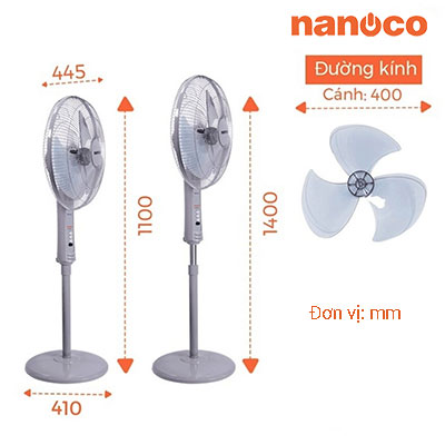Nanoco - Quạt Đứng Màu Xám - Quạt Đứng Cơ, 3 Cấp Độ Gió | NSF1601G