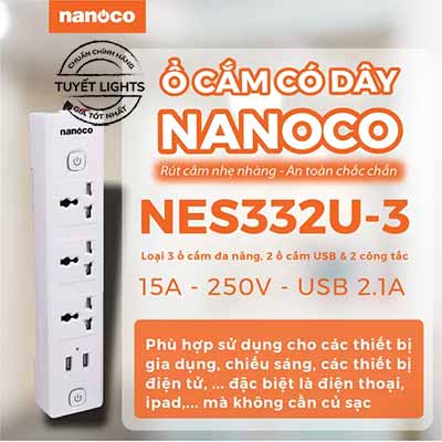 Nanoco Ổ Cắm Có Dây - 3 Ổ Cắm Đa Năng 2 USB Và 2 Công Tắc | NES332U-3