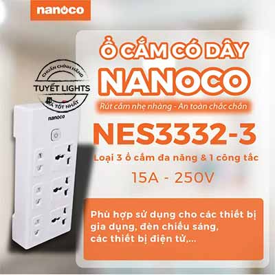 Nanoco Ổ Cắm Có Dây - 3 Ổ Cắm Đa Năng 3 Ổ Cắm Đa Năng Và 1 Công Tắc | NES3332-3