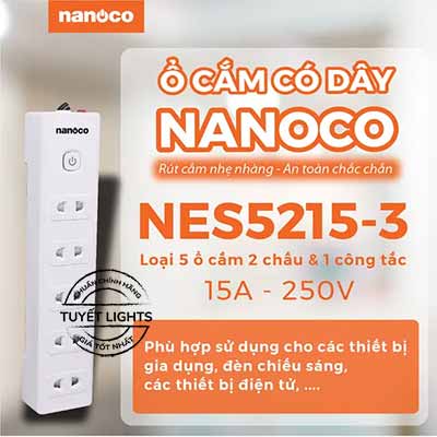 Nanoco Ổ Cắm Có Dây - 5 Ổ Cắm 2 Chấu Và 1 Công Tắc | NES5215-3