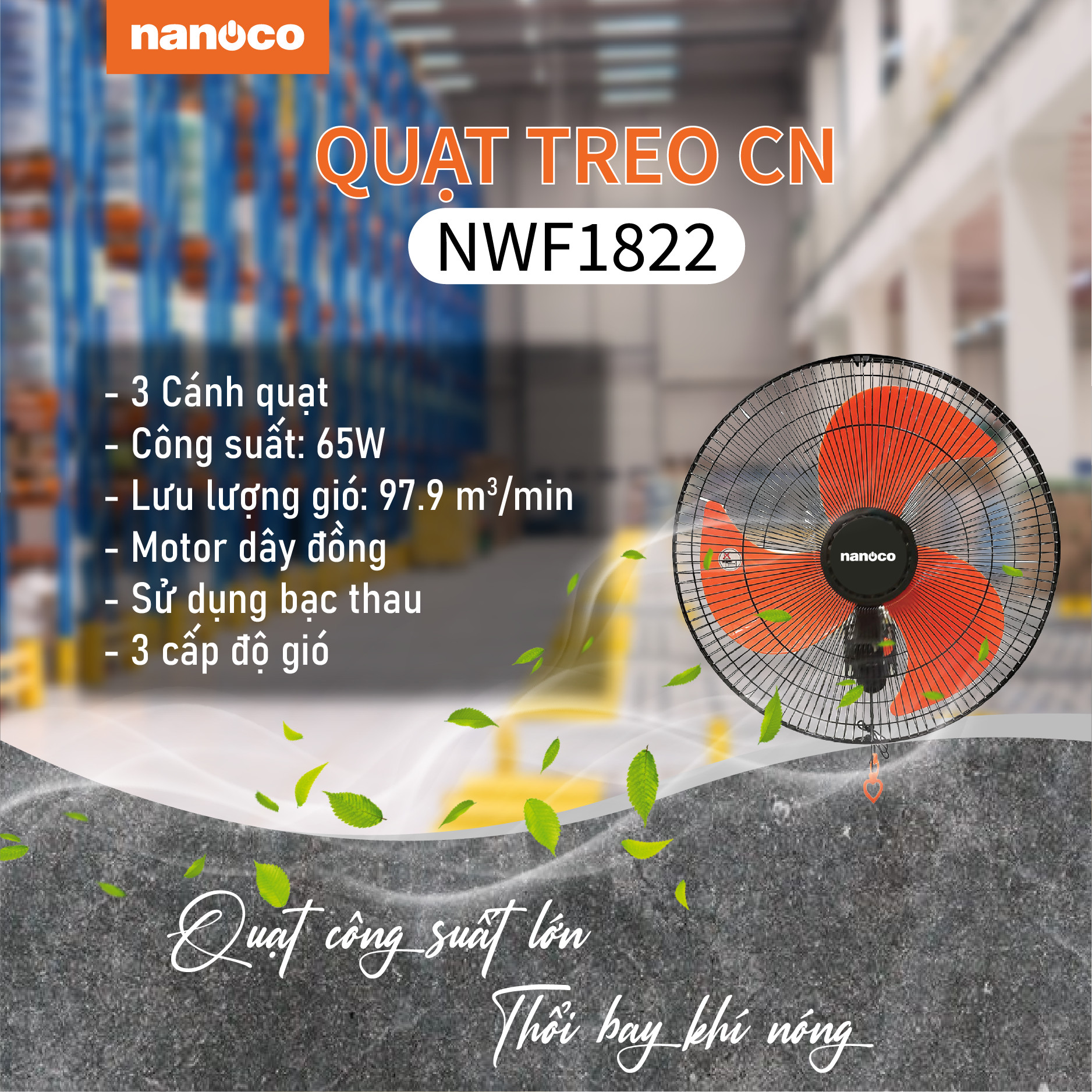 Nanoco - Quạt Treo Tường Màu Đen Cam 3 Cánh | NWF1822